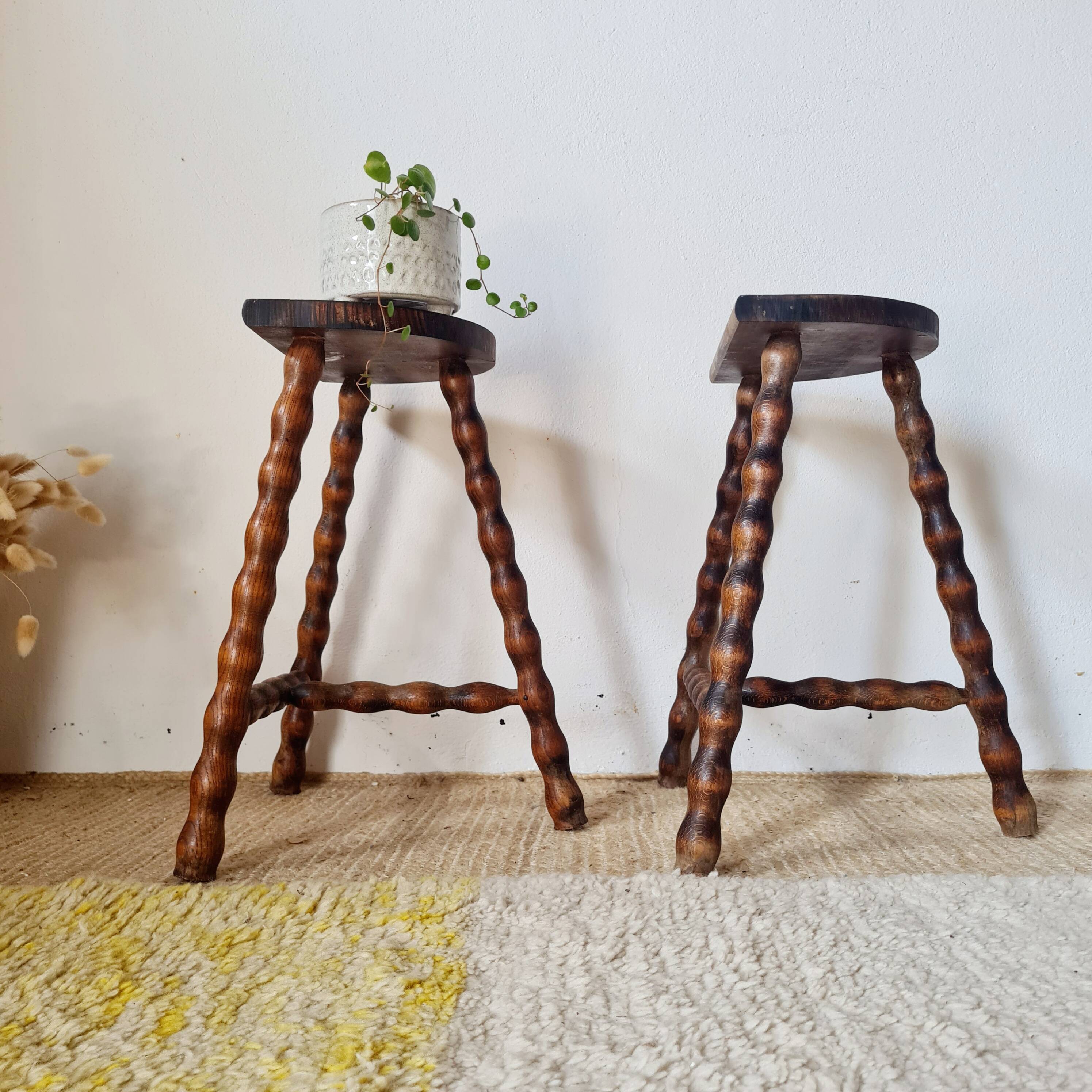 Wooden tripod stools - pair of turned leg bedside tables