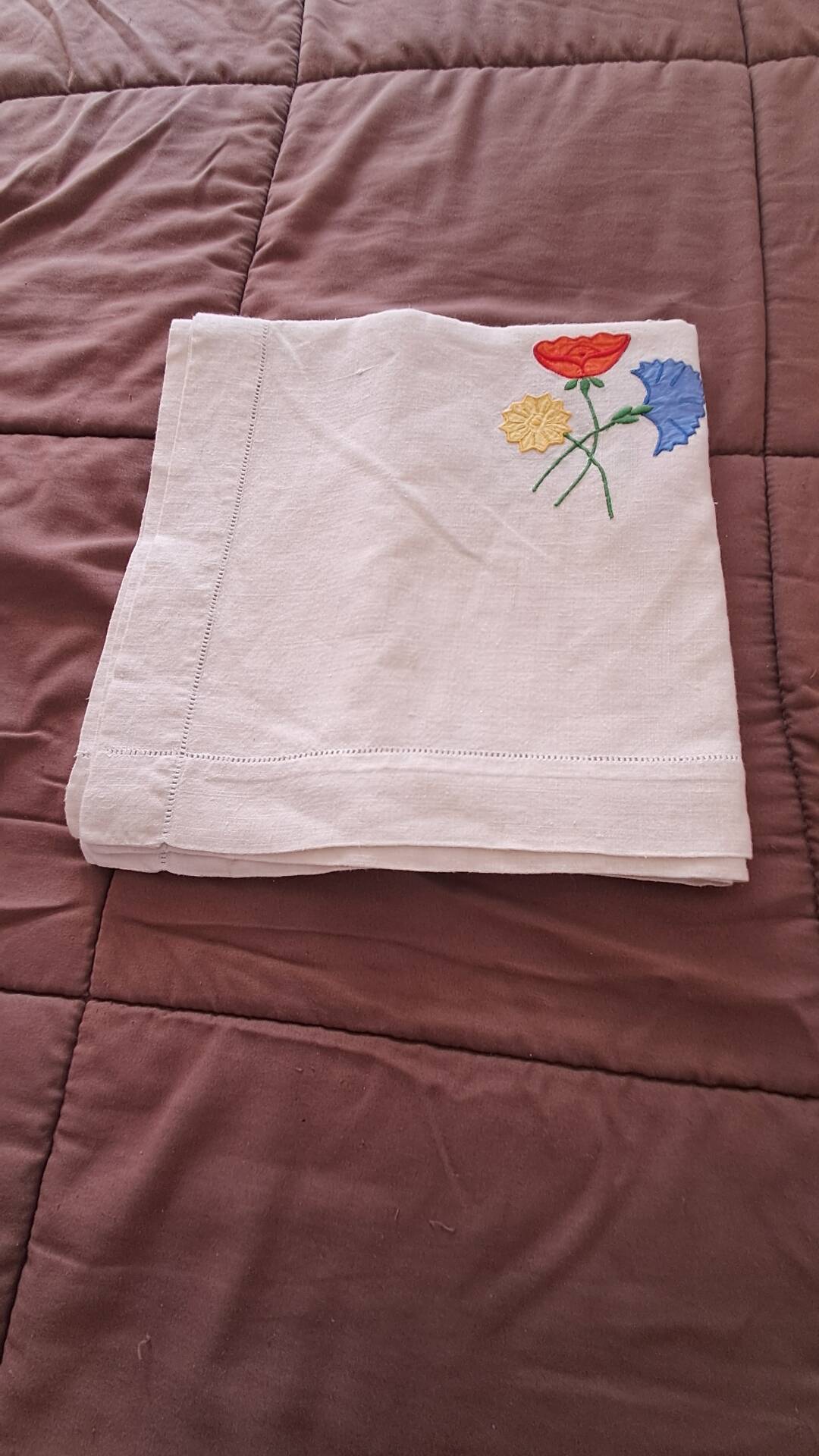 Vintage square linen tablecloth hand-embroidered with floral patterns — 1950s/60s
