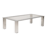 Table basse moderniste en acier chromé et verre clair — Europe, vers 1970