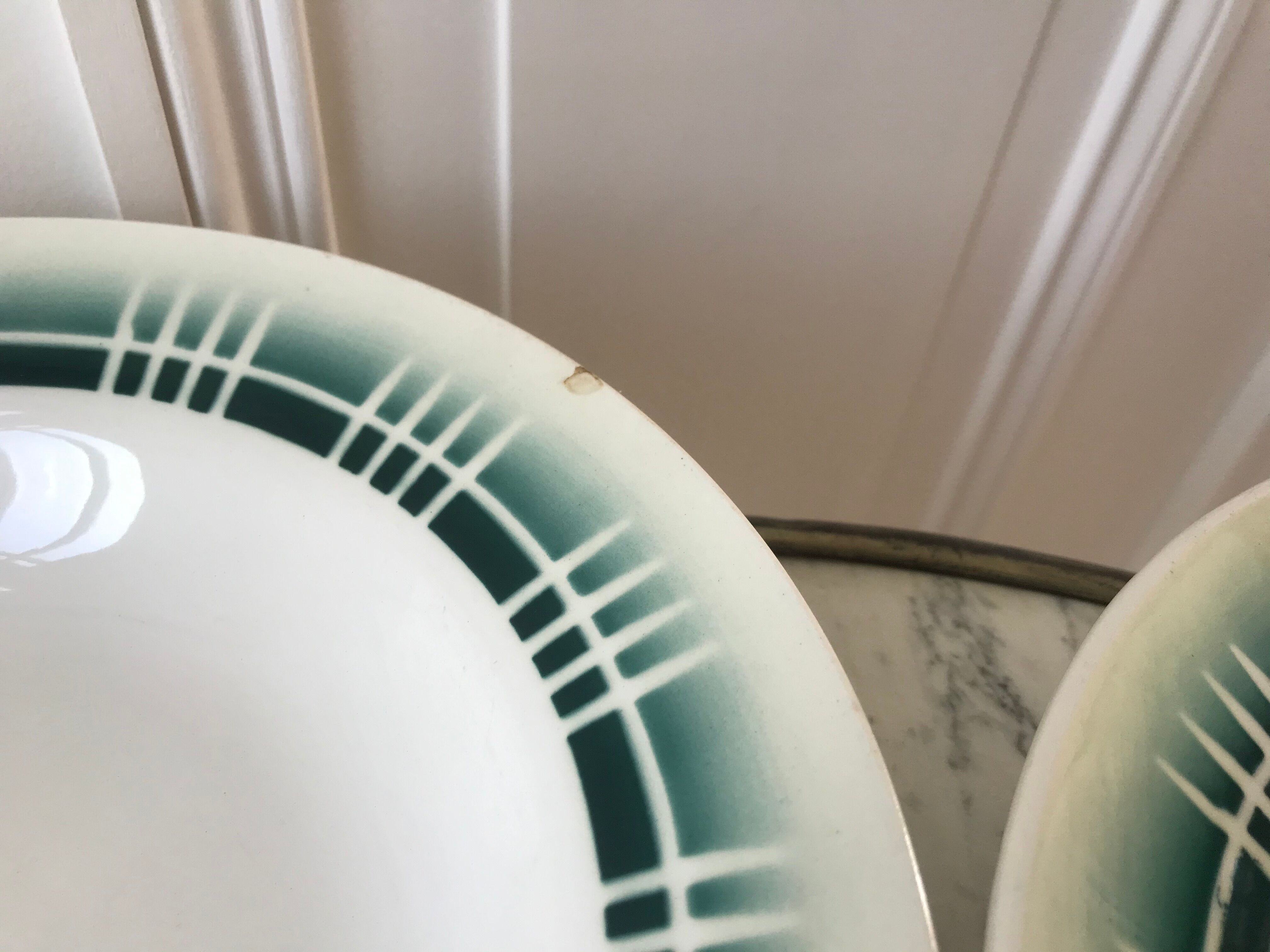 Set of 6 green hollow plates Digoin Sarreguemines 30s