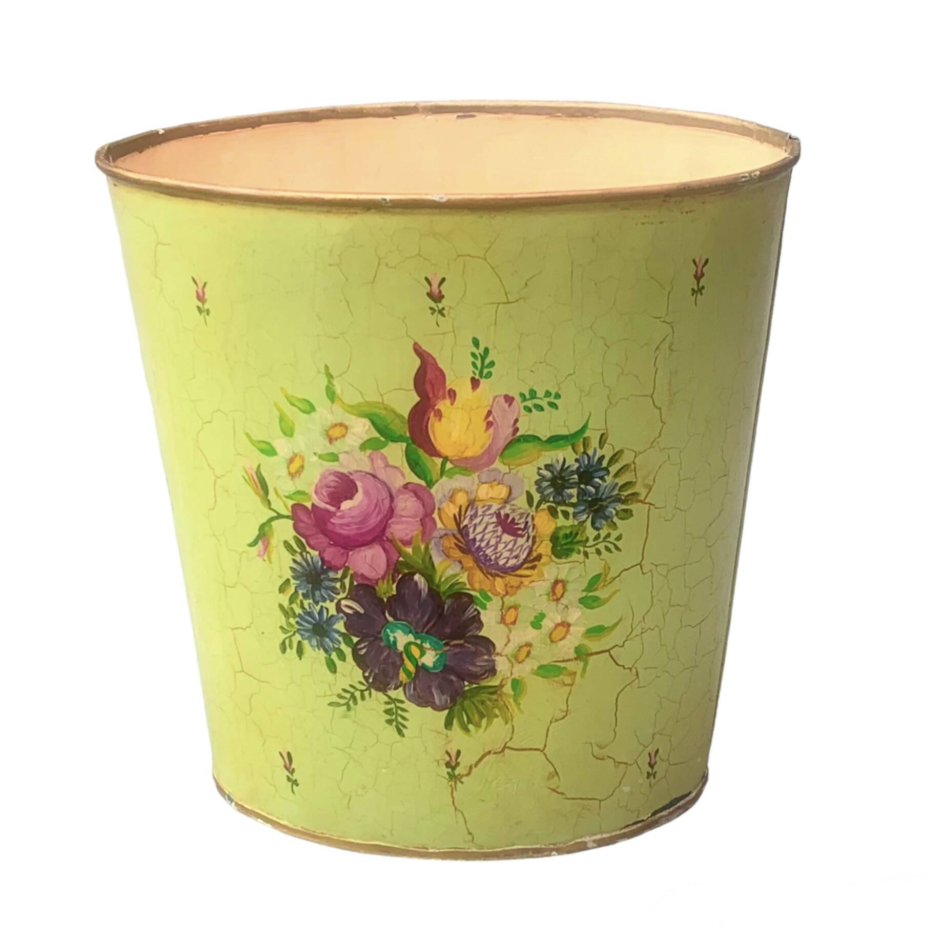 Vintage enameled sheet metal wastebasket - floral decor