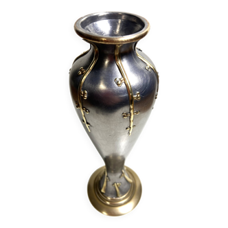 Antique art nouveau art deco pewter vase with yellow copper decor 1900