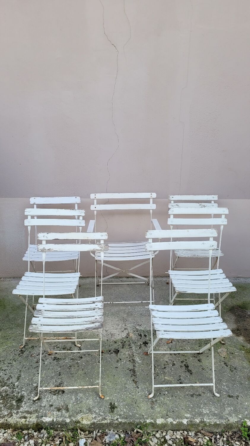 Series of 6 chairs and 1 folding armchair of iron garden bistro