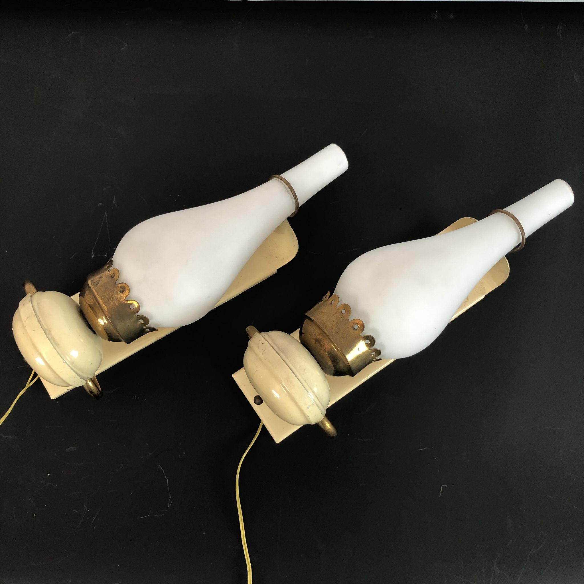 Vintage Italian brass, lacquer and opaline glass sconces from 50s. Set of two