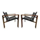 Mid-Century Armchairs in Wood & Leather attributed to Tarcisio Colzani, Italy, 1960s