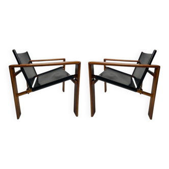 Mid-Century Armchairs in Wood & Leather attributed to Tarcisio Colzani, Italy, 1960s