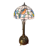 Lampe Art nouveau en bronze et laiton, abat-jour en pâte de verre cloisonnée