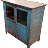 Blue and red glass sideboard with large old teak wood top