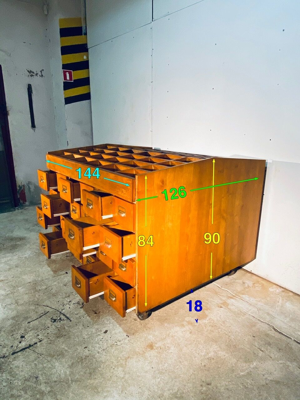 Double-sided wooden industrial filing cabinet with 48 vintage drawers