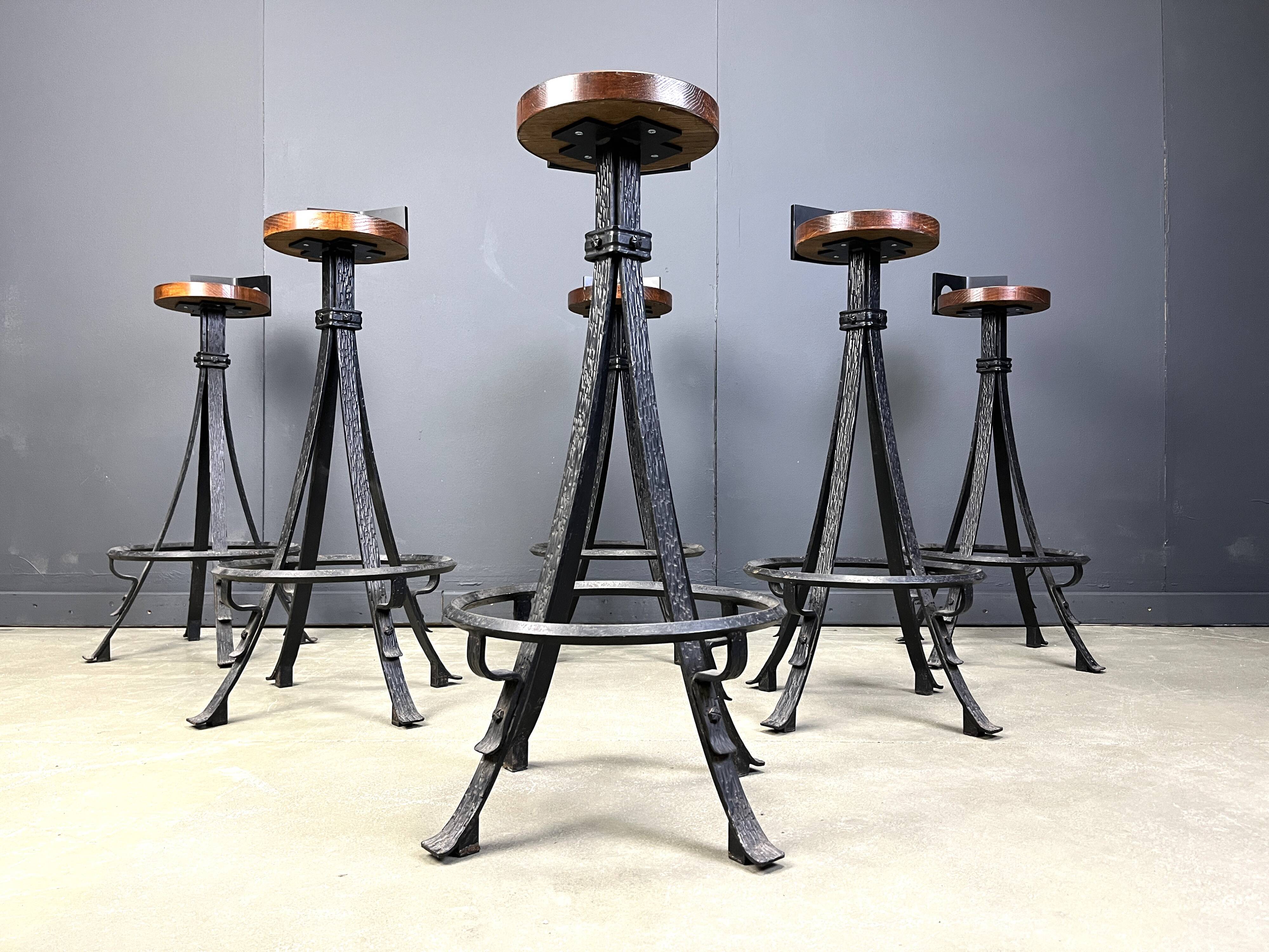Vintage brutalist wrought iron bar stools, 1970s - set of 6