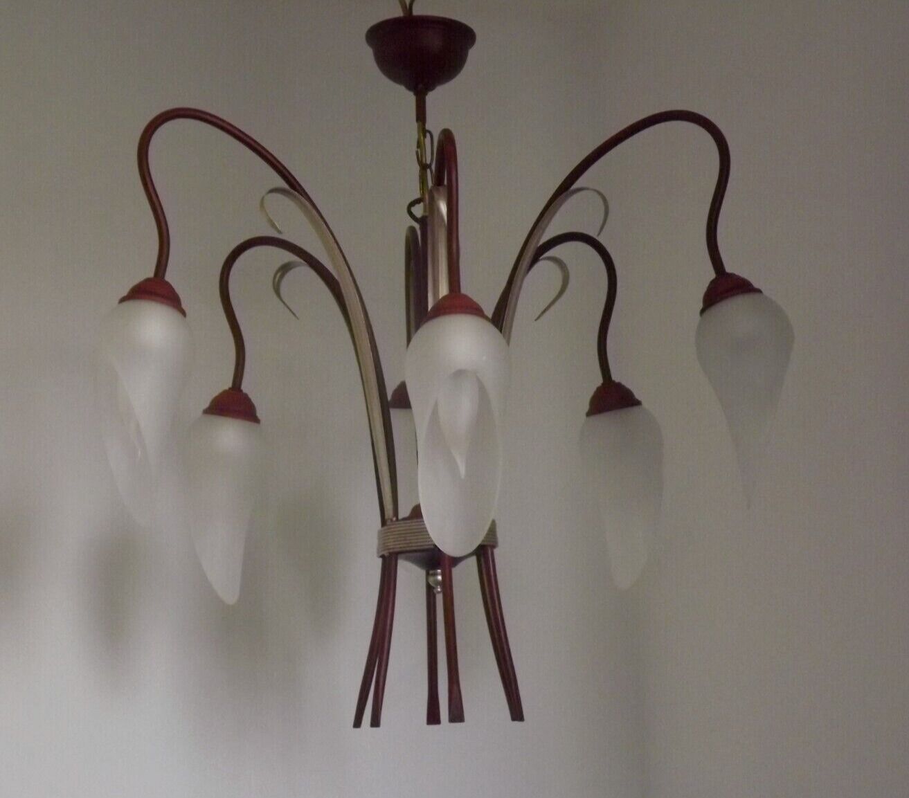 French vintage 6 arm brown & silver toleware chandelier opaque glass shades 3861