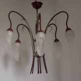 French vintage 6 arm brown & silver toleware chandelier opaque glass shades 3861