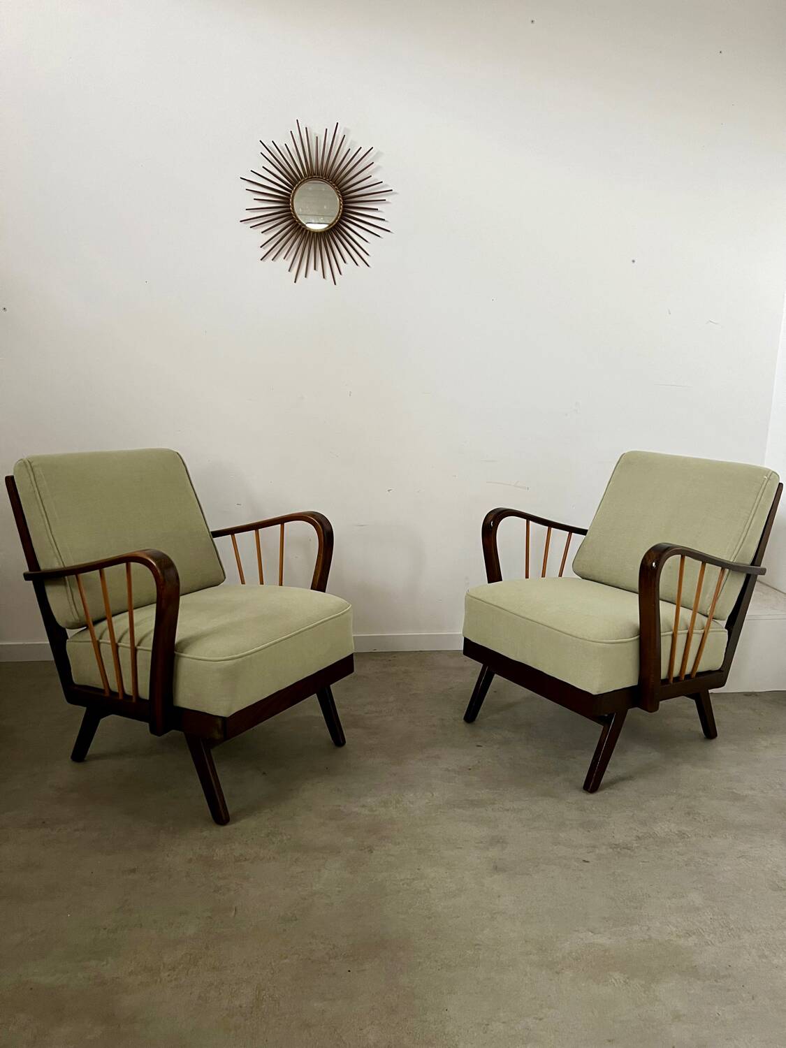 Set 2 old designer fireside chairs from the 50s wood and vintage fabric