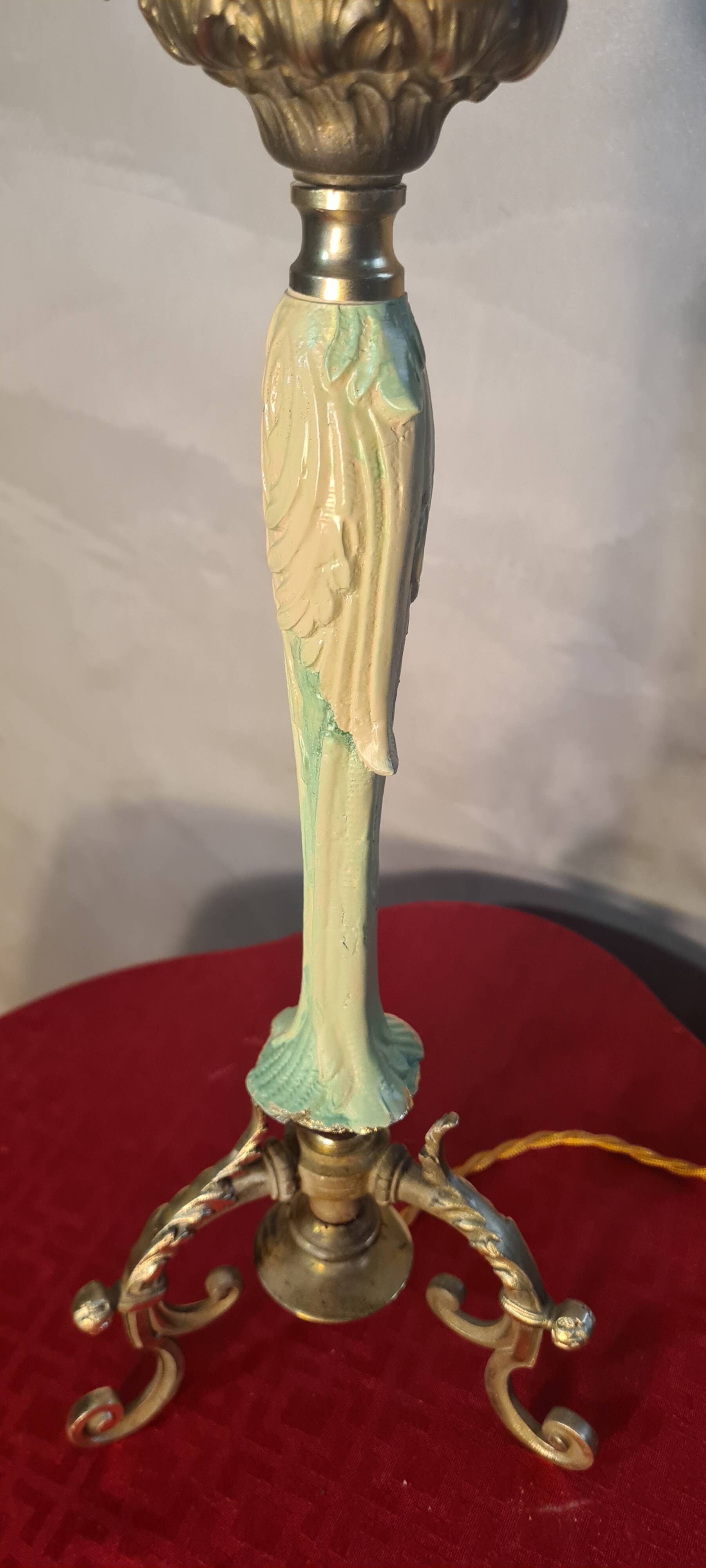 Art Nouveau bronze chalice lamp with antique tulip and painted water green glass