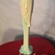 Art Nouveau bronze chalice lamp with antique tulip and painted water green glass