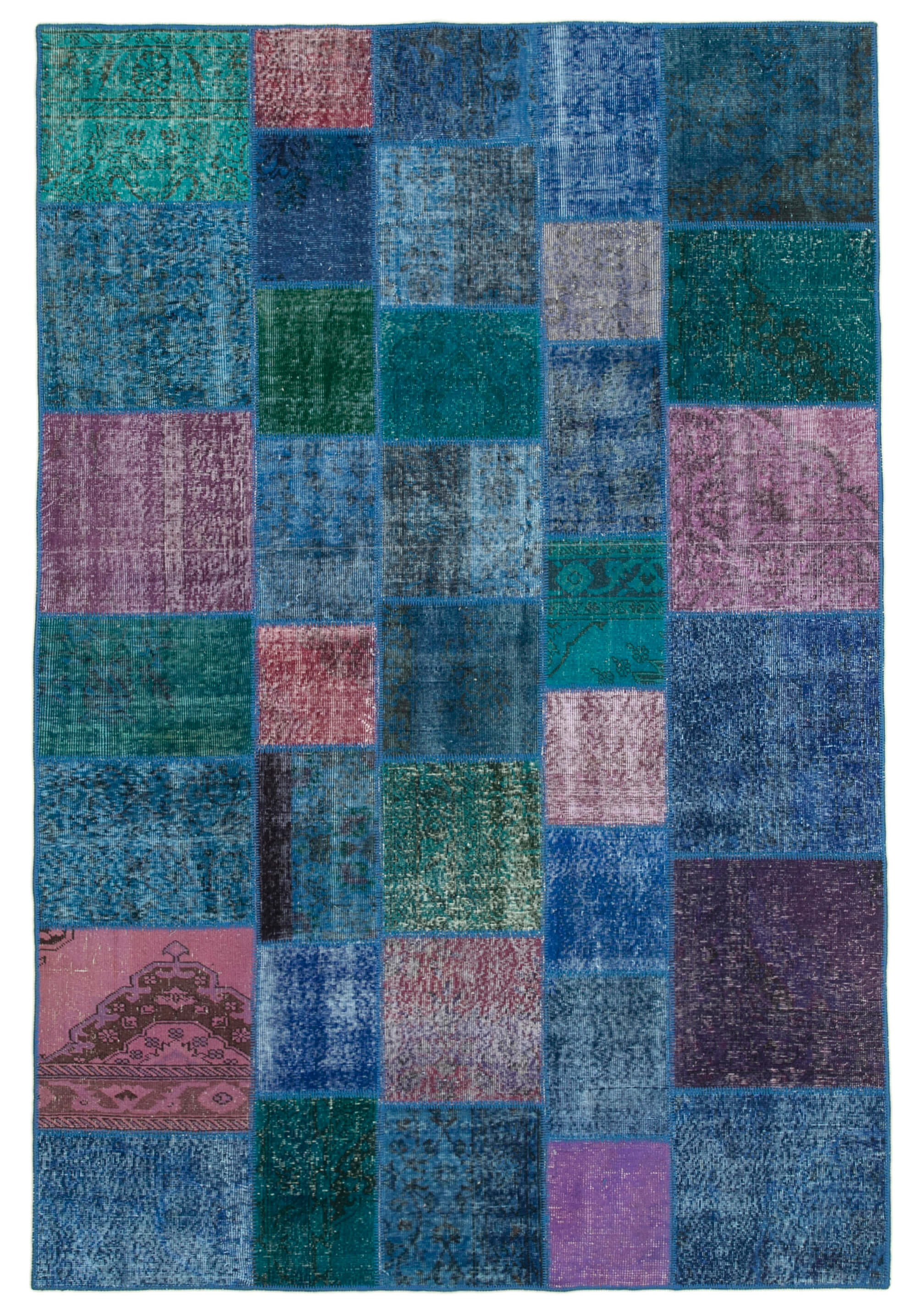 Tapis oriental contemporain 203 cm x 300 cm bleu patchwork fait à la main