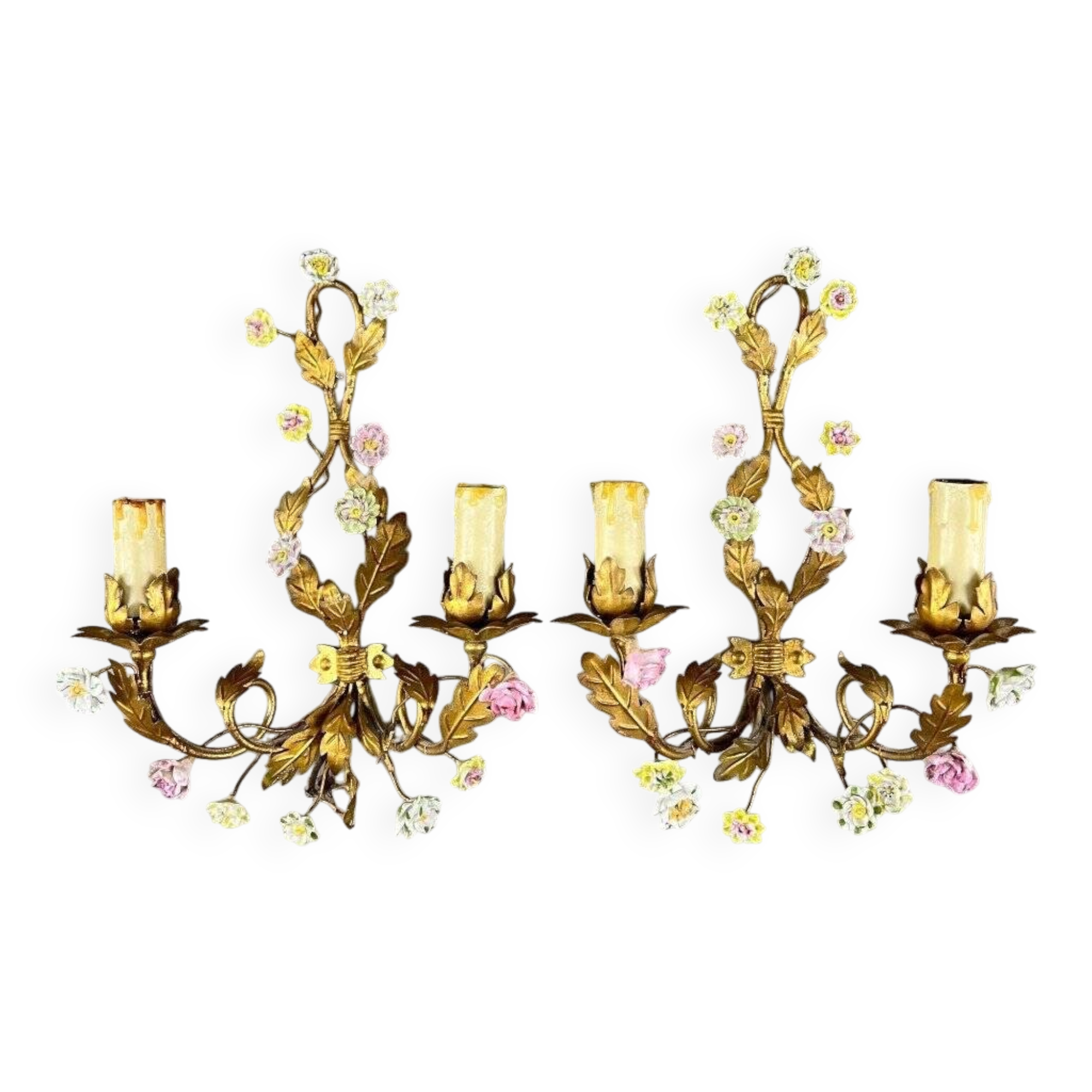 Pair of Maison Baguès wall lights with porcelain flowers, early 19th century