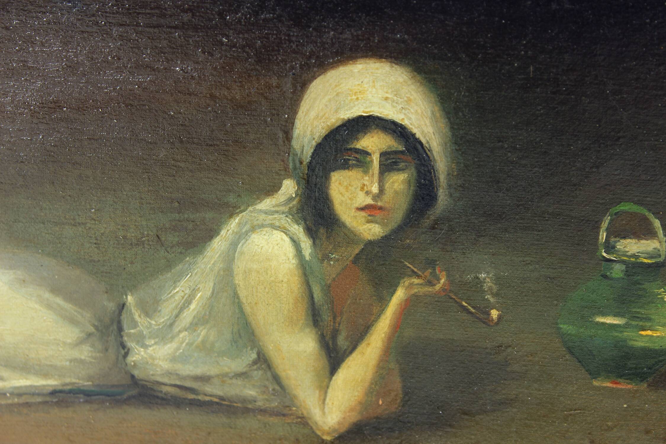 Peinture à l'huile vintage d'une gitane de Zamutov, Tchécoslovaquie, années 1940