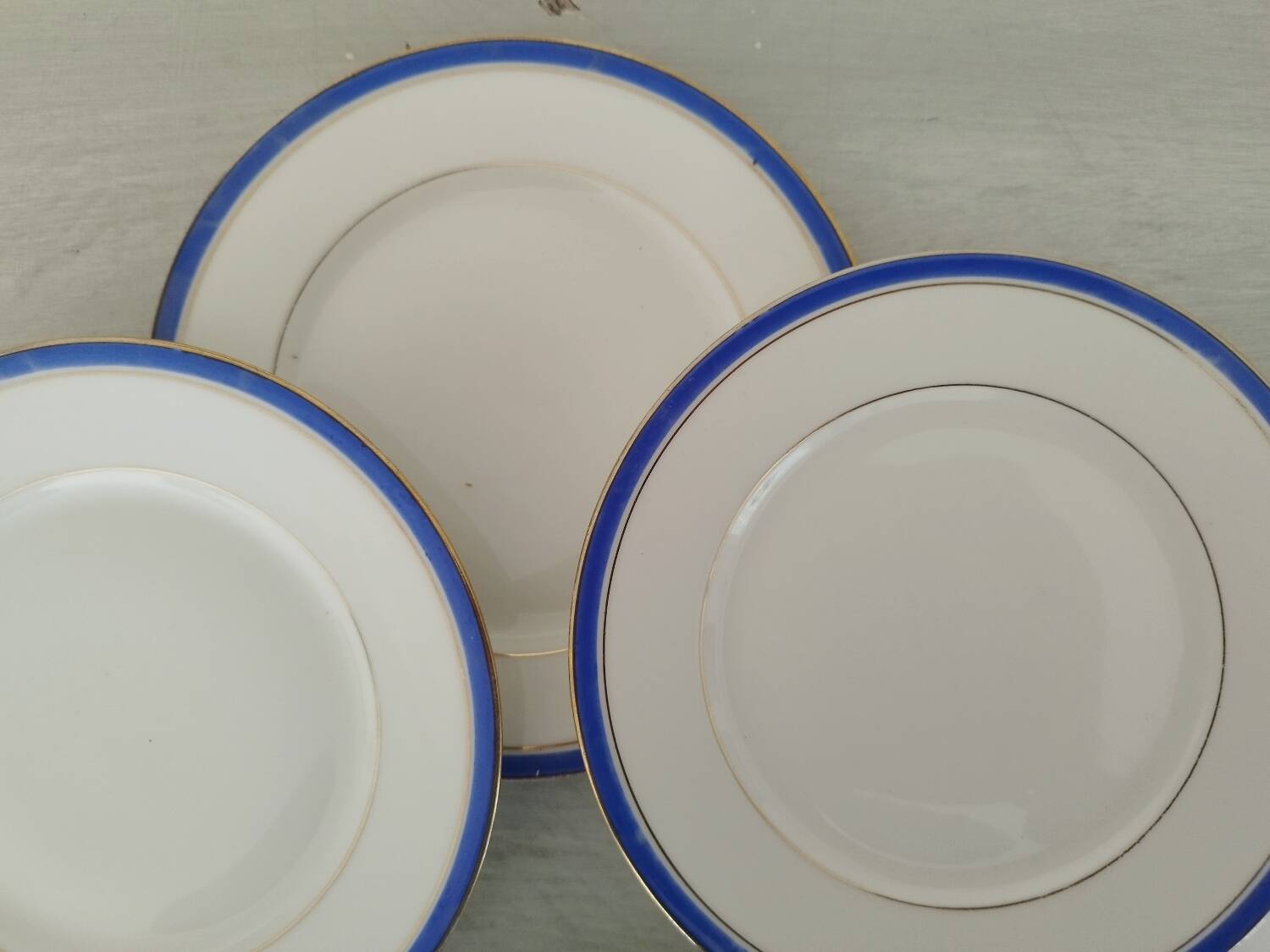 White Porcelain Cheesecake Dessert Plates with Blue Border and Gold Fillet
