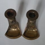 Pair of brass candlesticks candelabra art deco owls country decoration old gilded metal