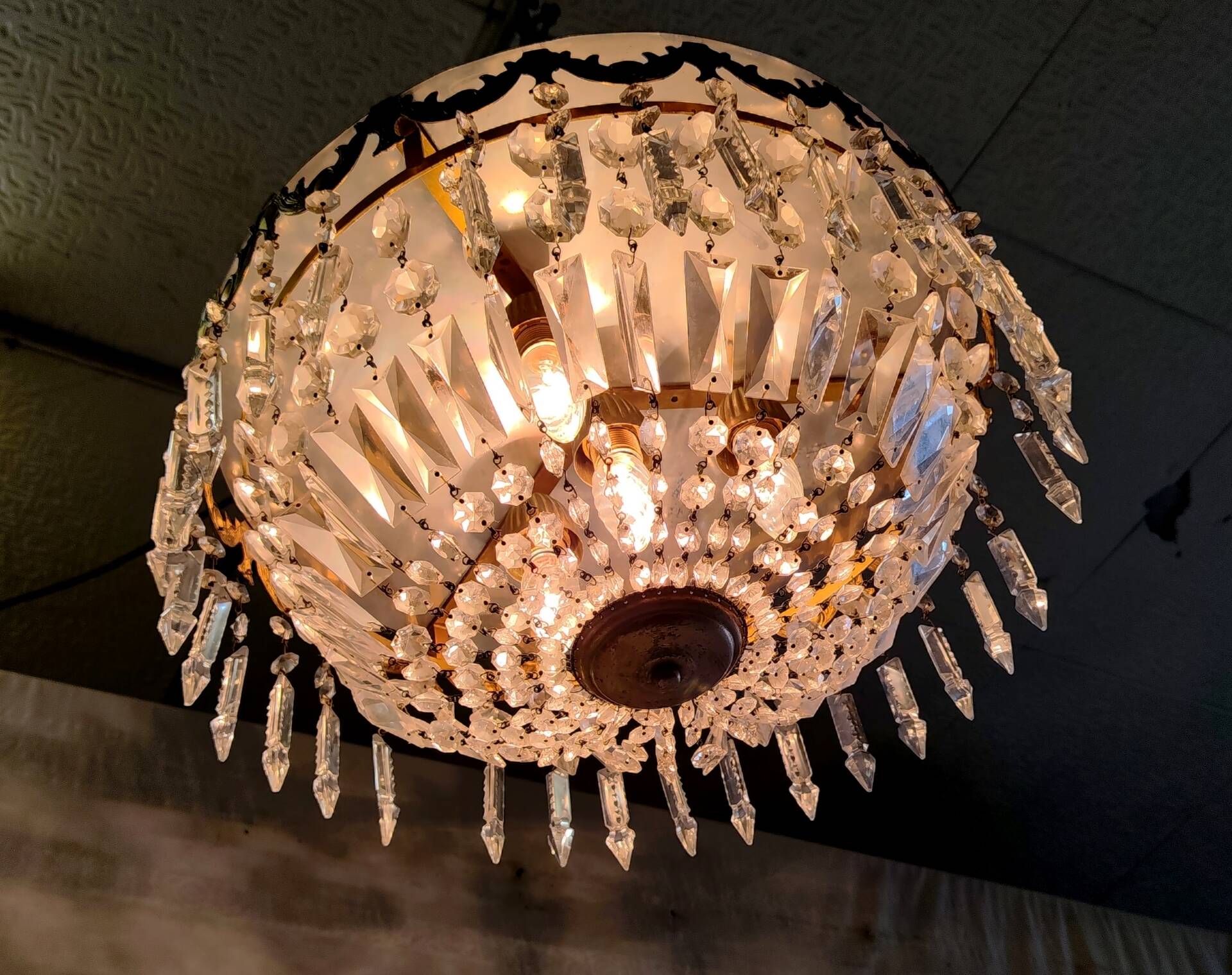 Glass and brass basket ceiling light - mid 20th century.