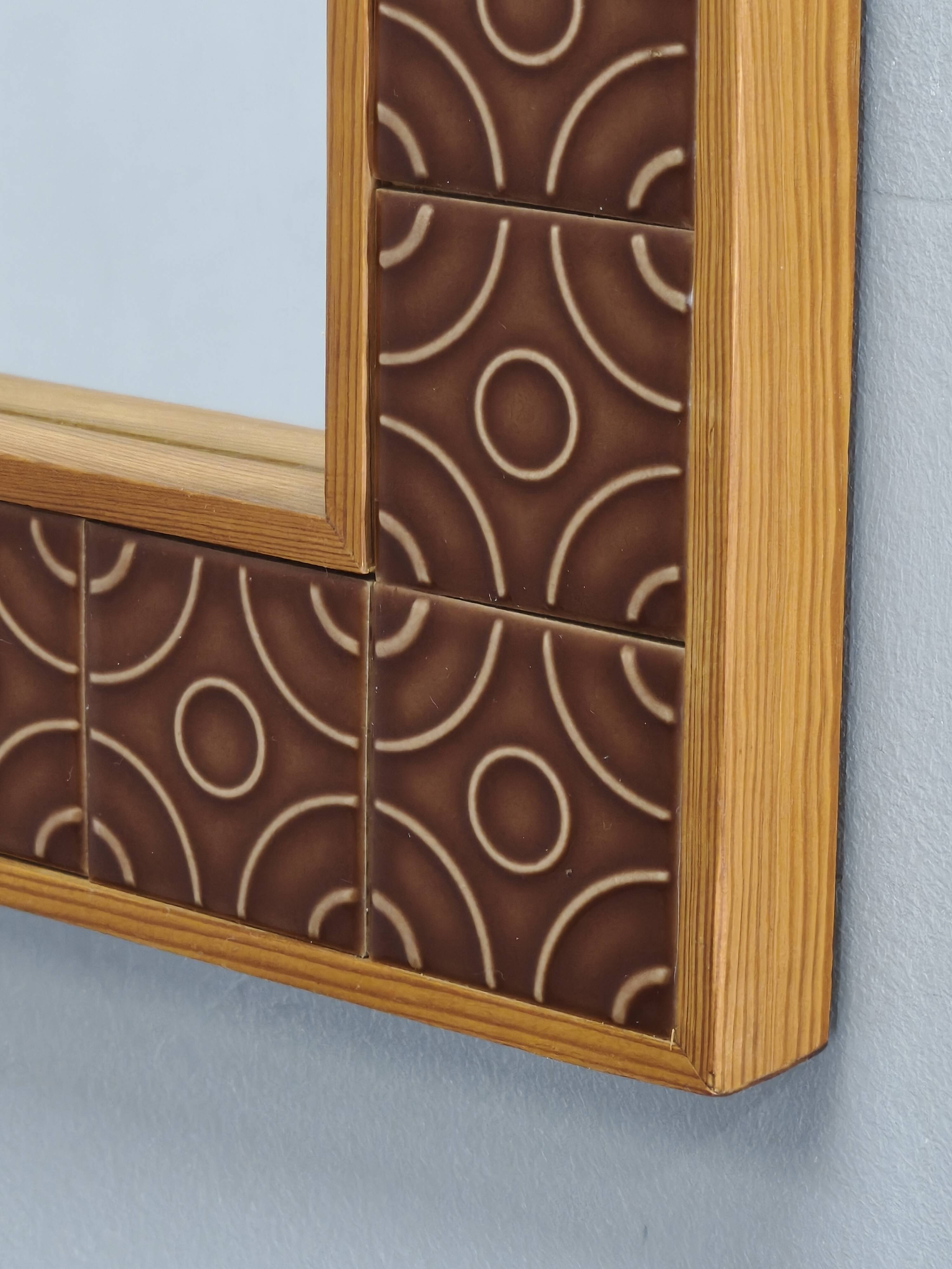 Danish Pine and Ceramic Tile Wall Mirror, 1960s