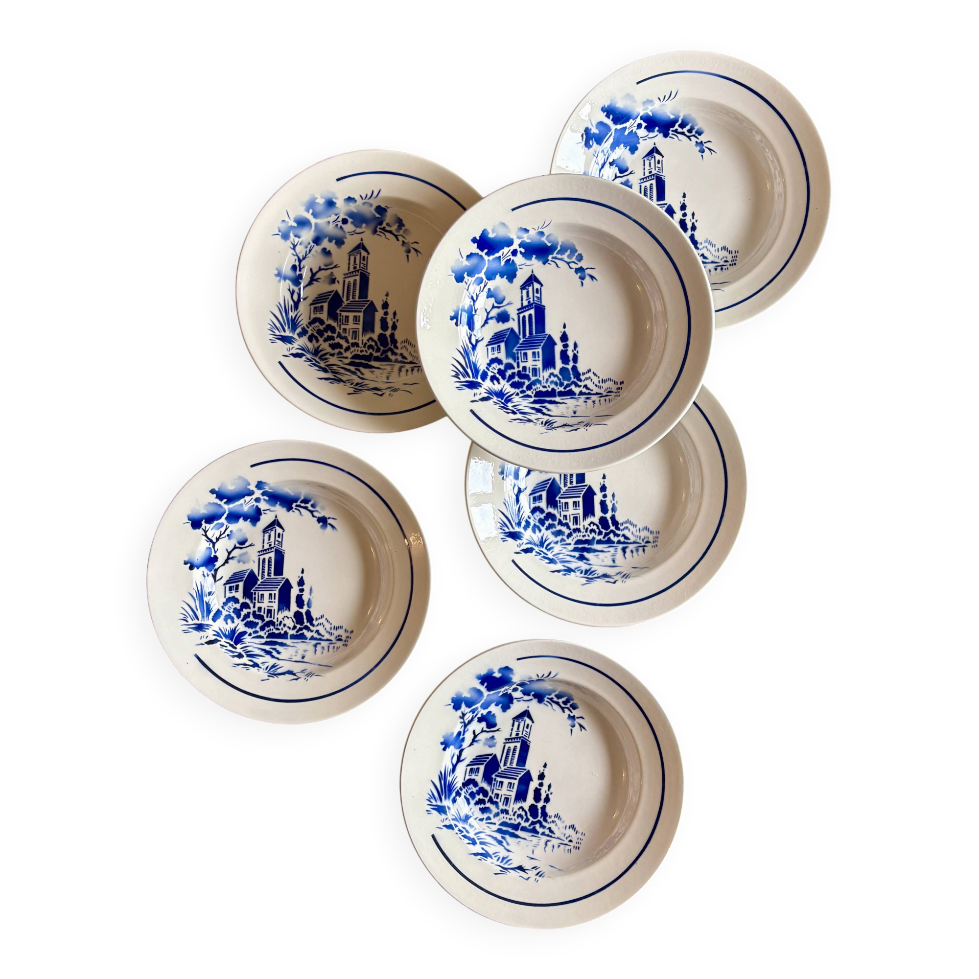 Set of 6 vintage deep plates with village decorations - Badonvillier