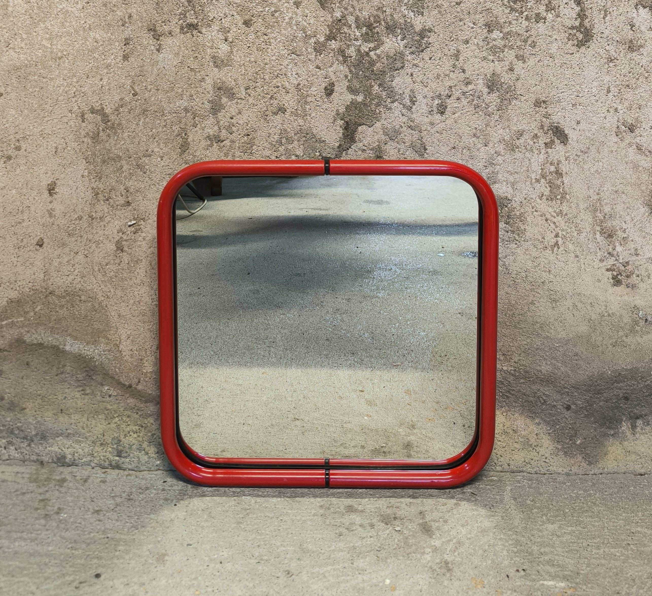 Vintage post-modern lacquered red metal mirror