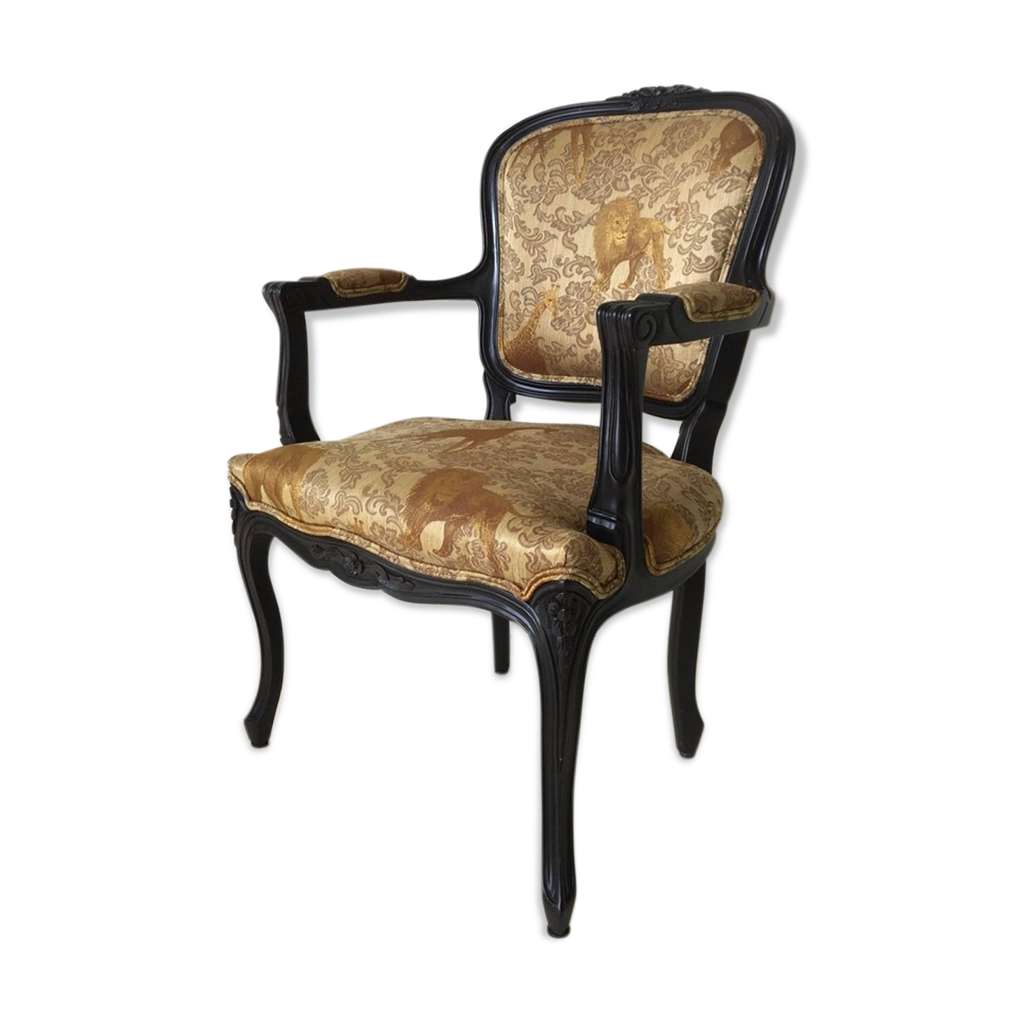 Black baroque armchair with fabric designed by wildlife by Ascension Latorre, Spain