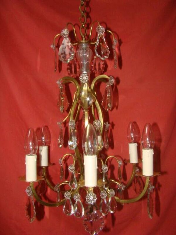 Lustre à cristaux type à cage à 6 bras de lumière  époque début 20 ème
