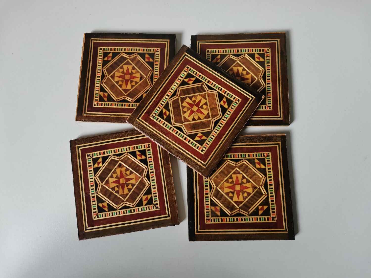 Lot de 5 sous verre bois vintage marqueterie