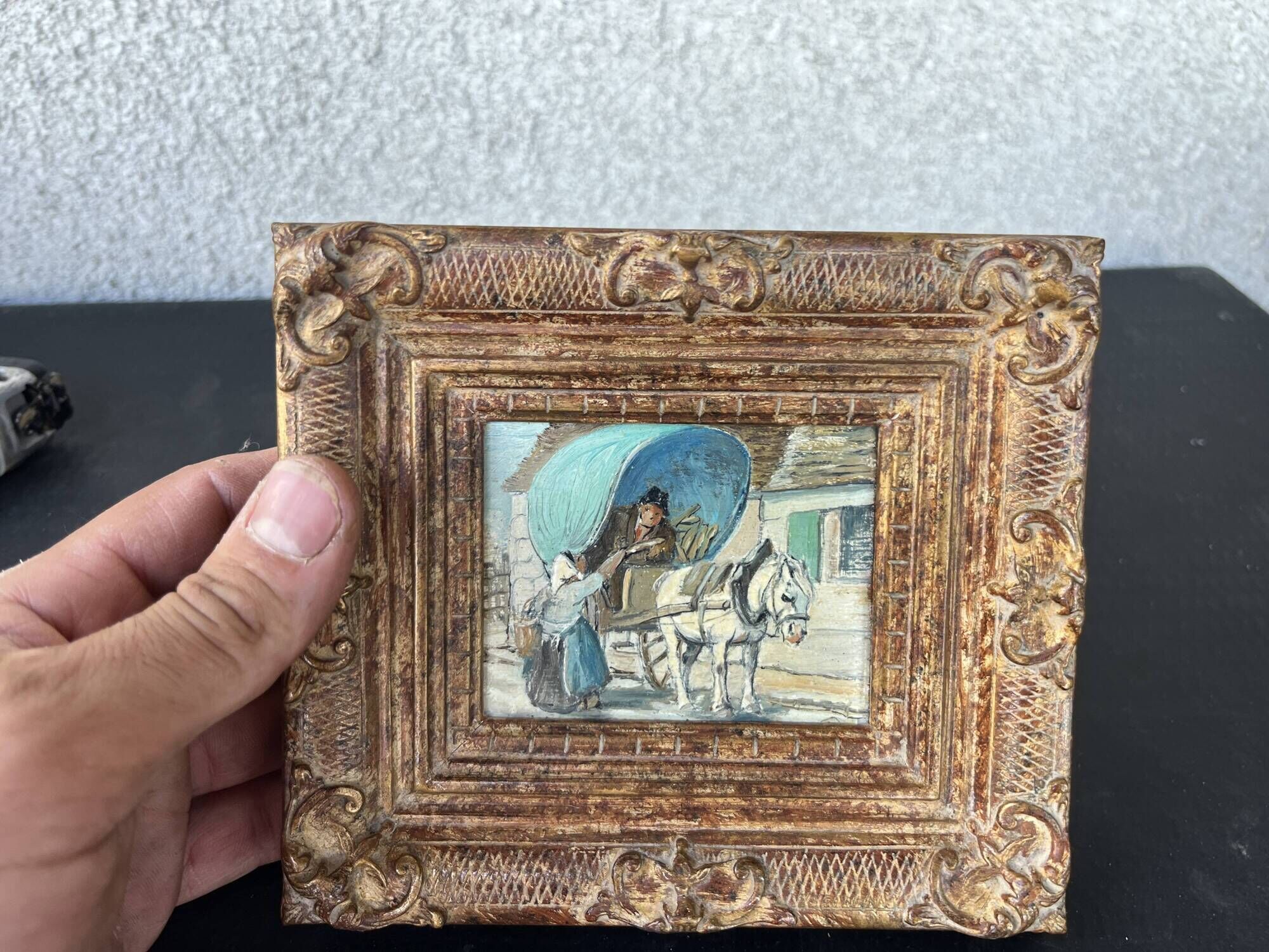 Small antique painting signed Daniel Rouvière – Village scene with horses