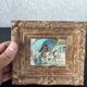Small antique painting signed Daniel Rouvière – Village scene with horses