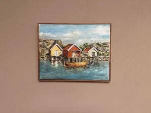 Mid-Century Oil on Canvas “houses with Boat” by Unknown, Vintage & Framed