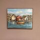 Mid-Century Oil on Canvas “houses with Boat” by Unknown, Vintage & Framed