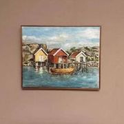 Mid-Century Oil on Canvas “houses with Boat” by Unknown, Vintage & Framed