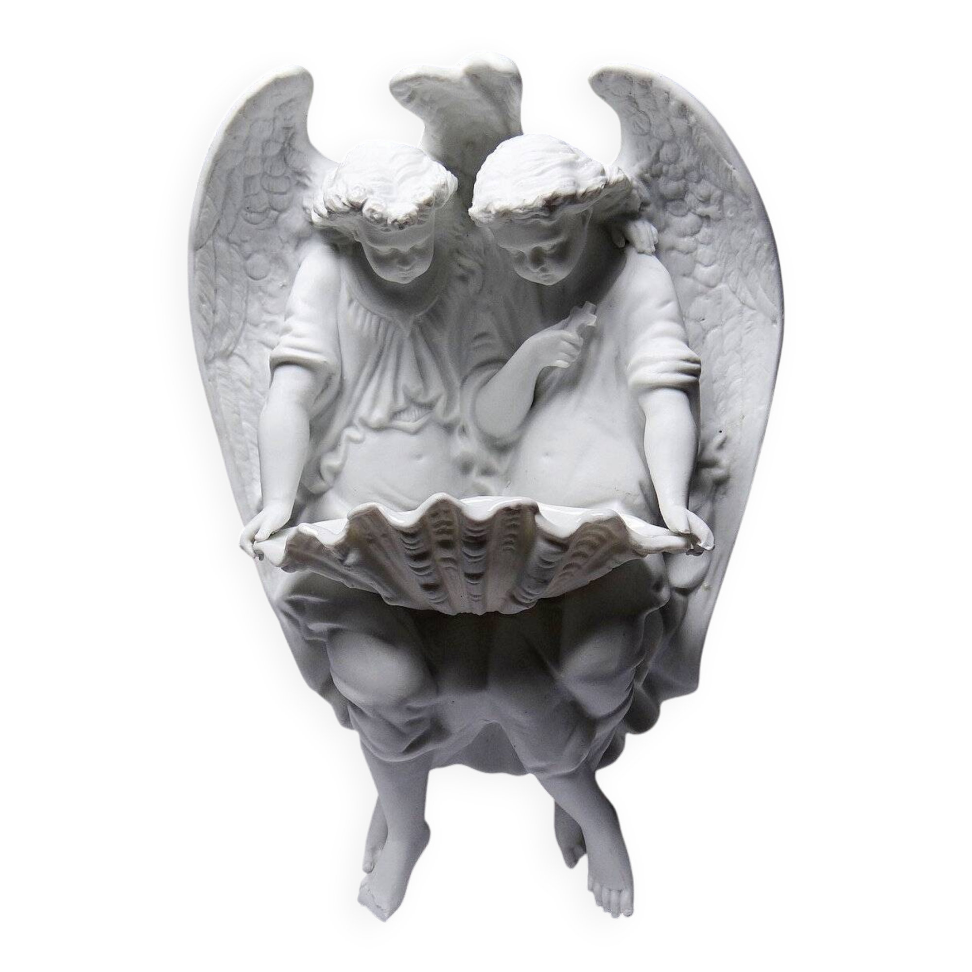 Bénitier en biscuit fin de porcelaine 2 anges, Allemagne 1900-1930