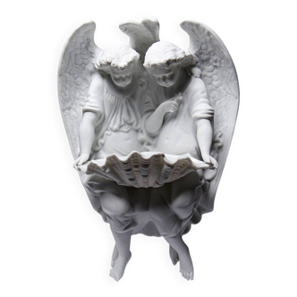 Fine bisque porcelain holy water font with two angels, antique, 1900-1930, Germany