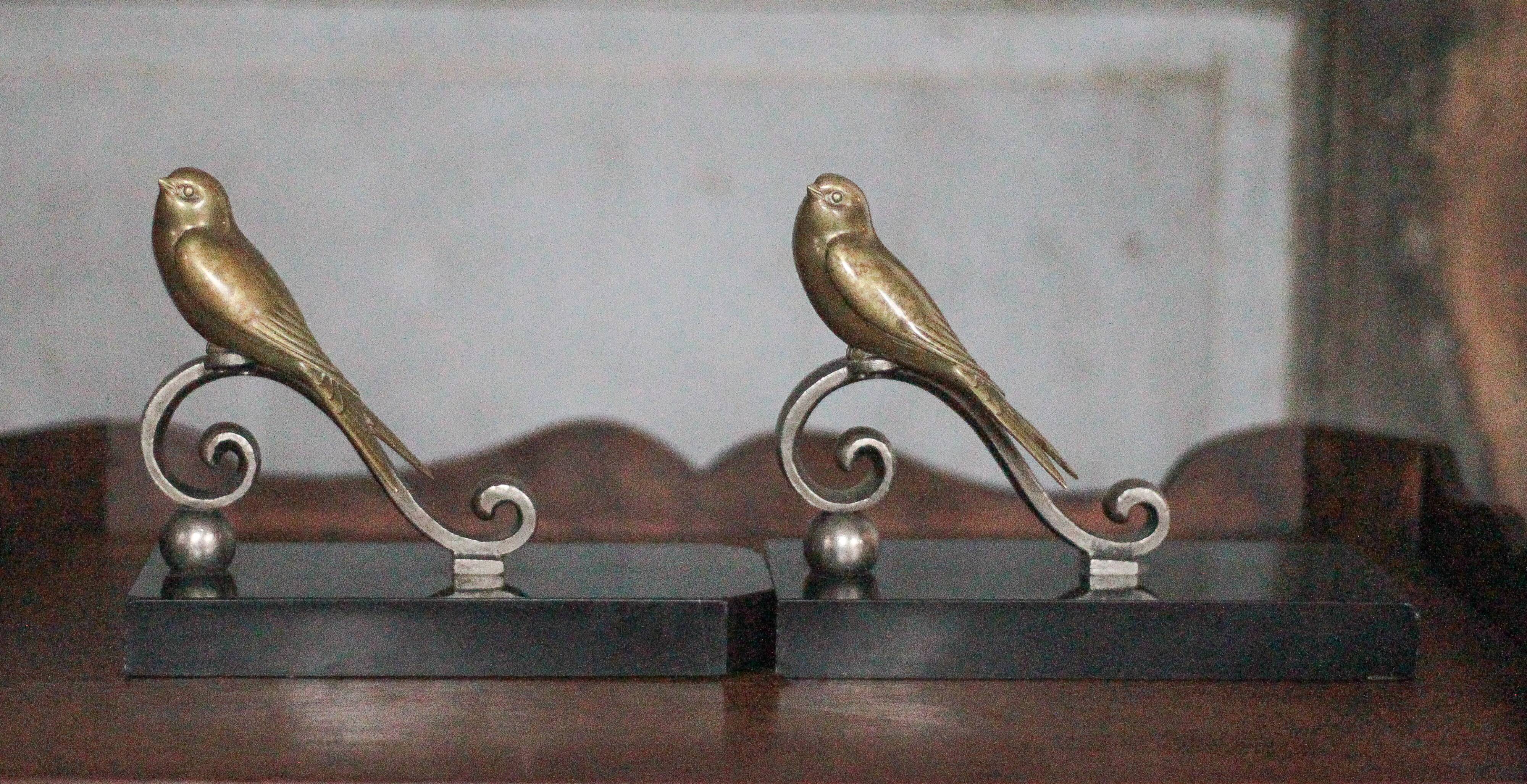 Serre-livres vintage, oiseau laiton socle marbre noir, animaux laiton