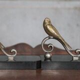 Serre-livres vintage, oiseau laiton socle marbre noir, animaux laiton