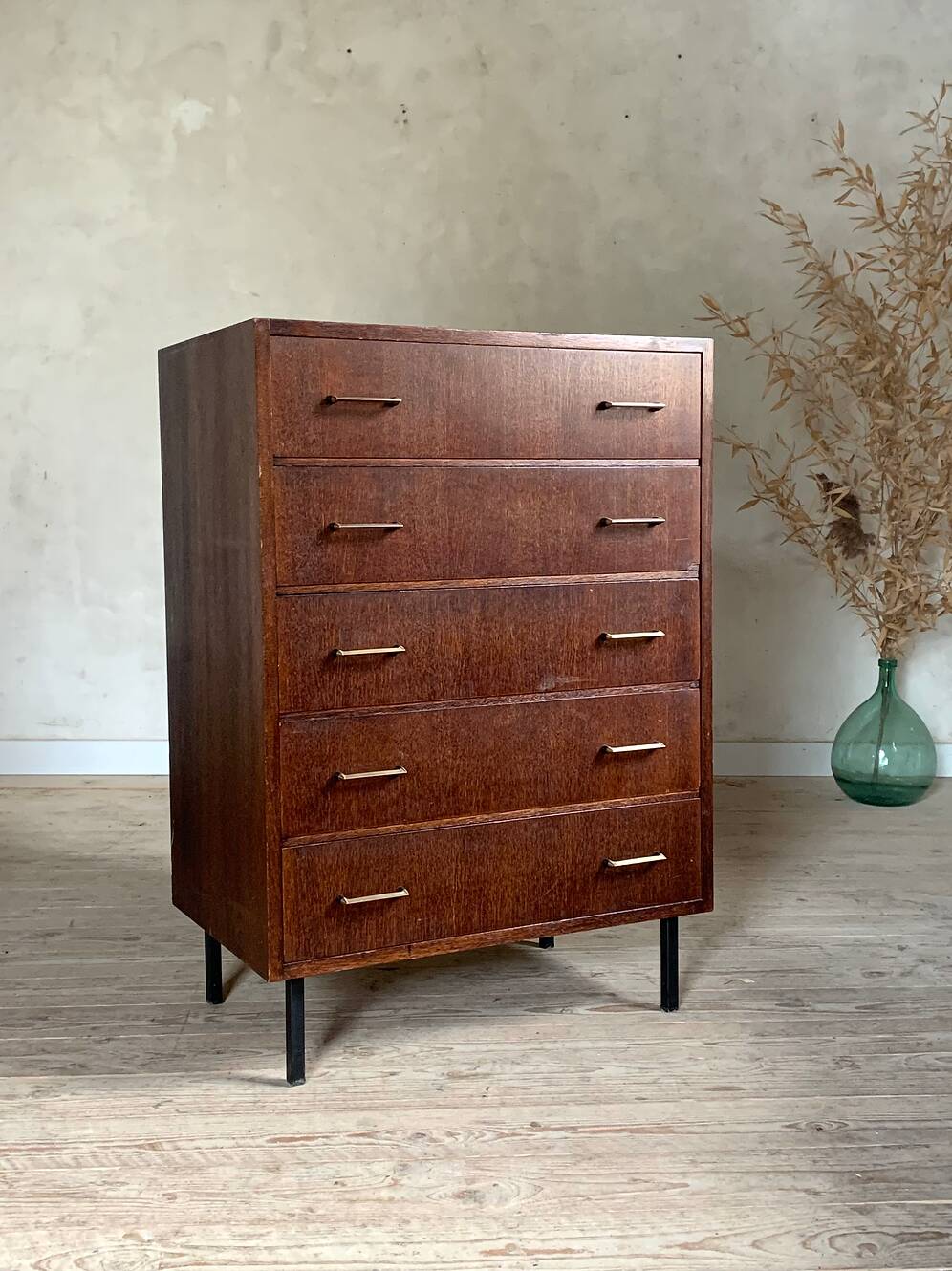 Commode chiffonnier moderniste vintage 5 tiroirs