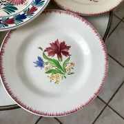 Set of 6 flat plates mismatched pink Badonviller, Longchamp, Digoin "Rosa" and Quimper