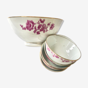 Set consisting of 5 bowls and a porcelain bowl decorated with pink flowers and golden fillet