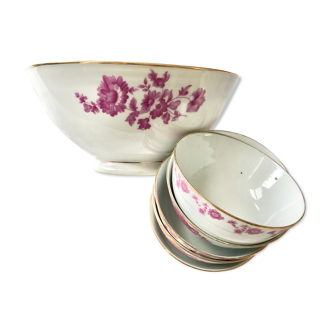 Set consisting of 5 bowls and a porcelain bowl decorated with pink flowers and golden fillet
