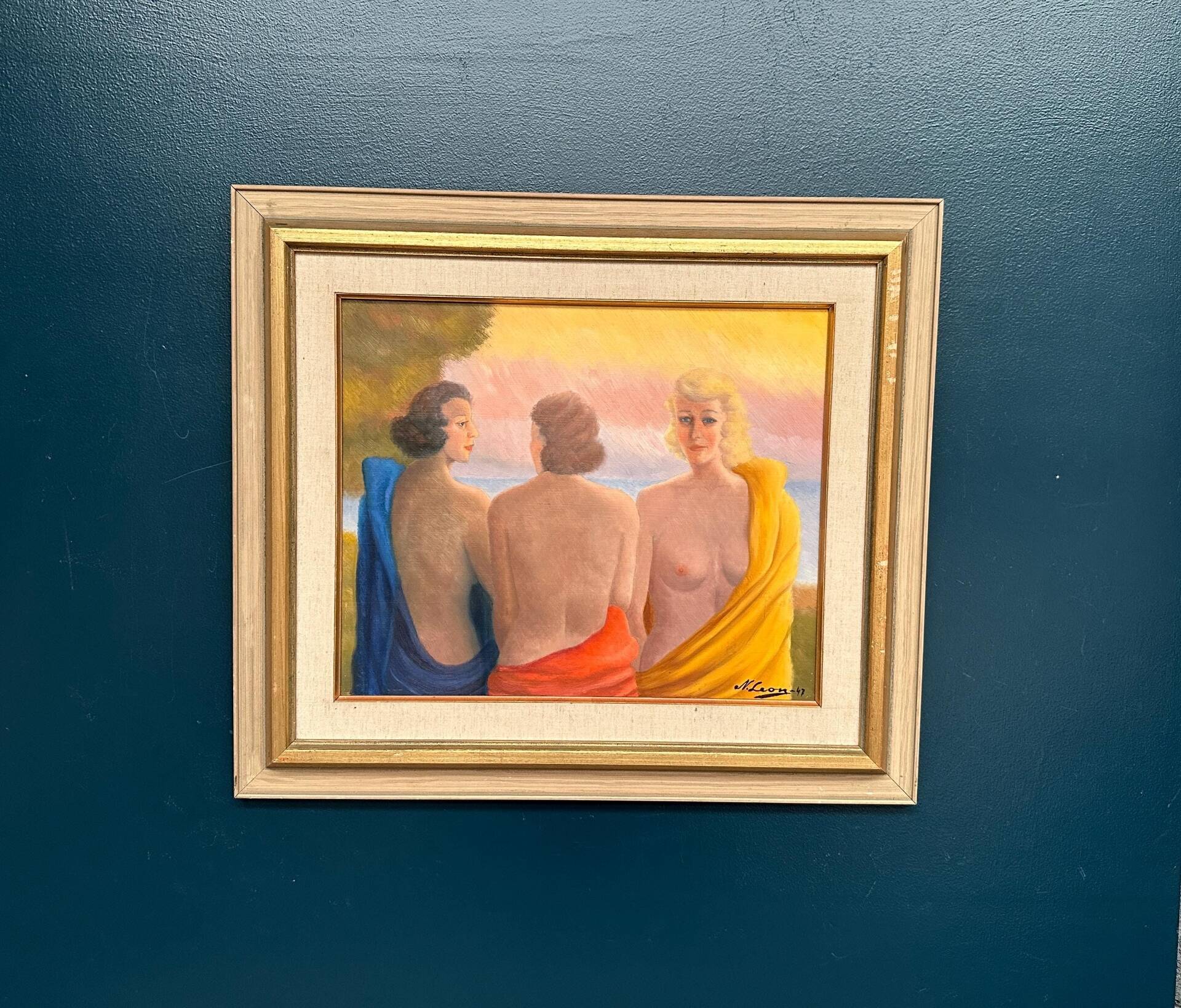 20th Century Oil on Panel – “Three Women” by N. Leon (1947) – Vintage
