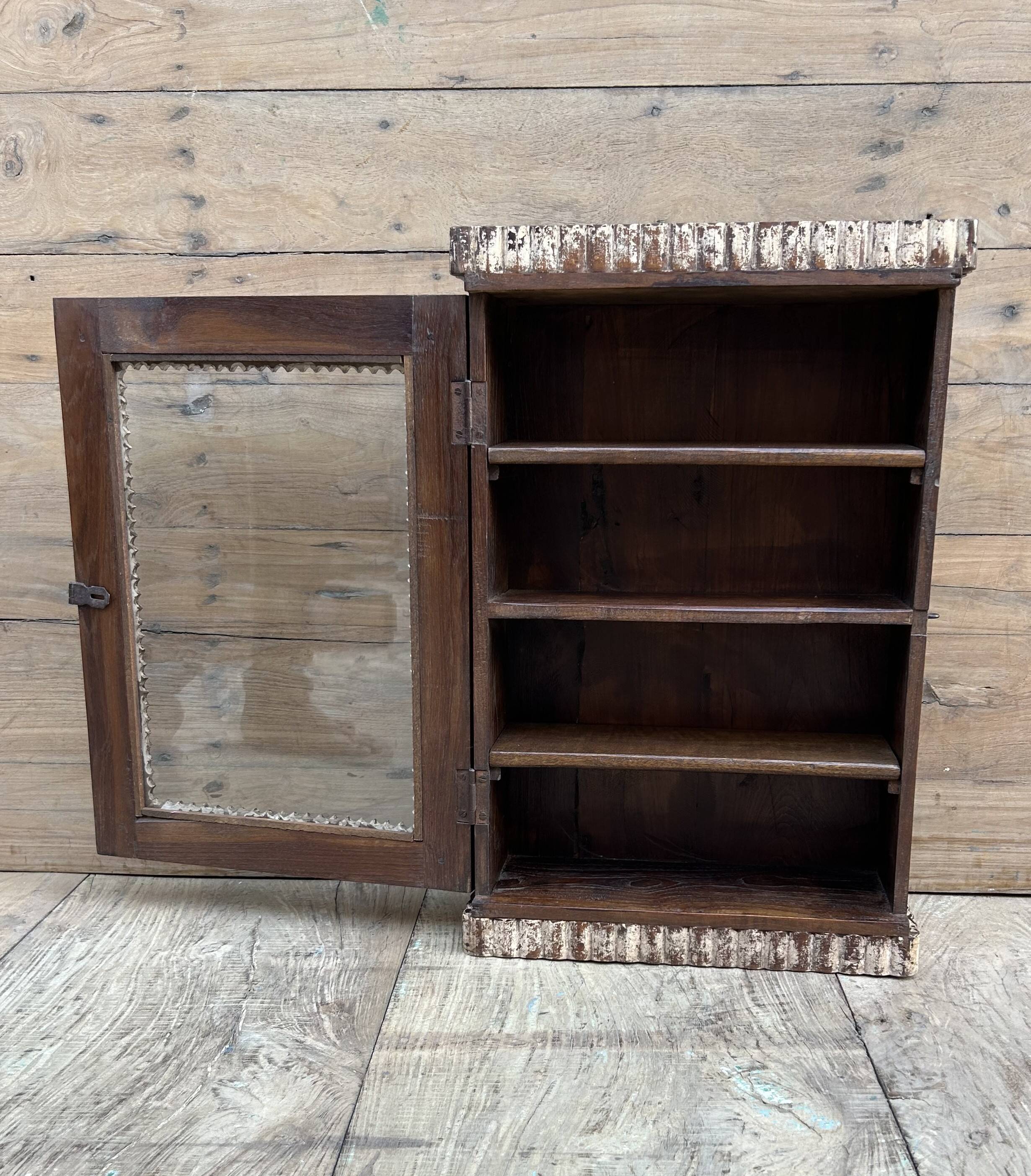 Art Deco wall display cabinet in Burmese teak with original patina.
