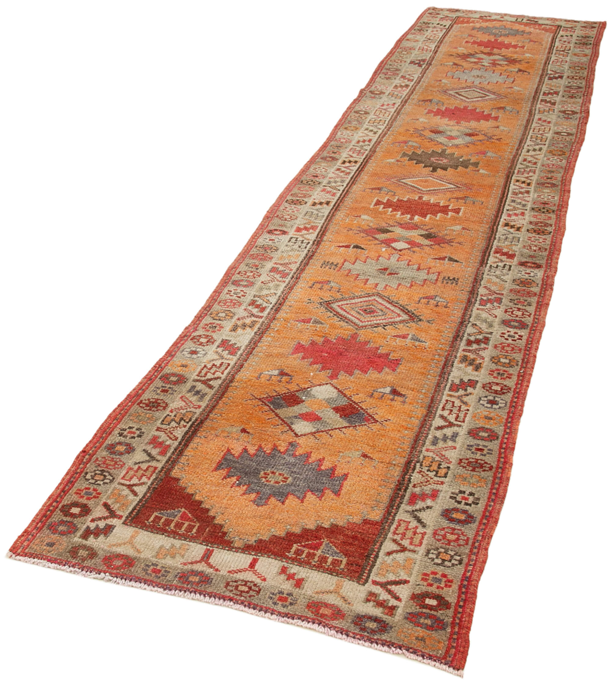 Handmade one-of-a-kind oriental beige runner rug 87 cm x 360 cm