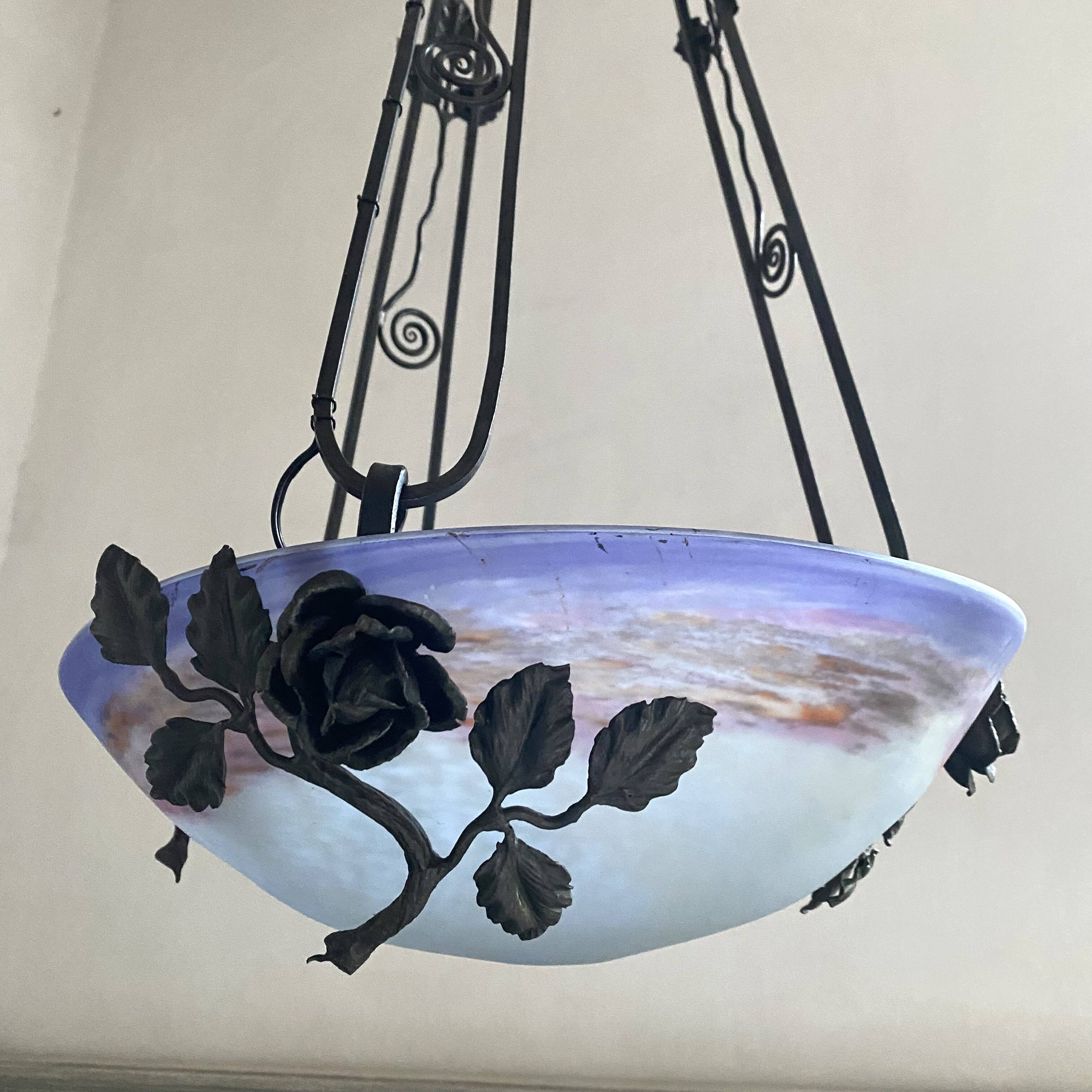 Art Nouveau suspension pâte de verre signed Degué