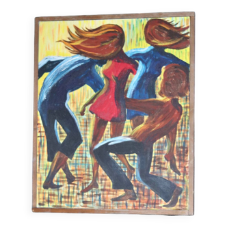 Acrylique suédois original du milieu du siècle « Party People » de Törnqvist daté de 1970 - Encadré