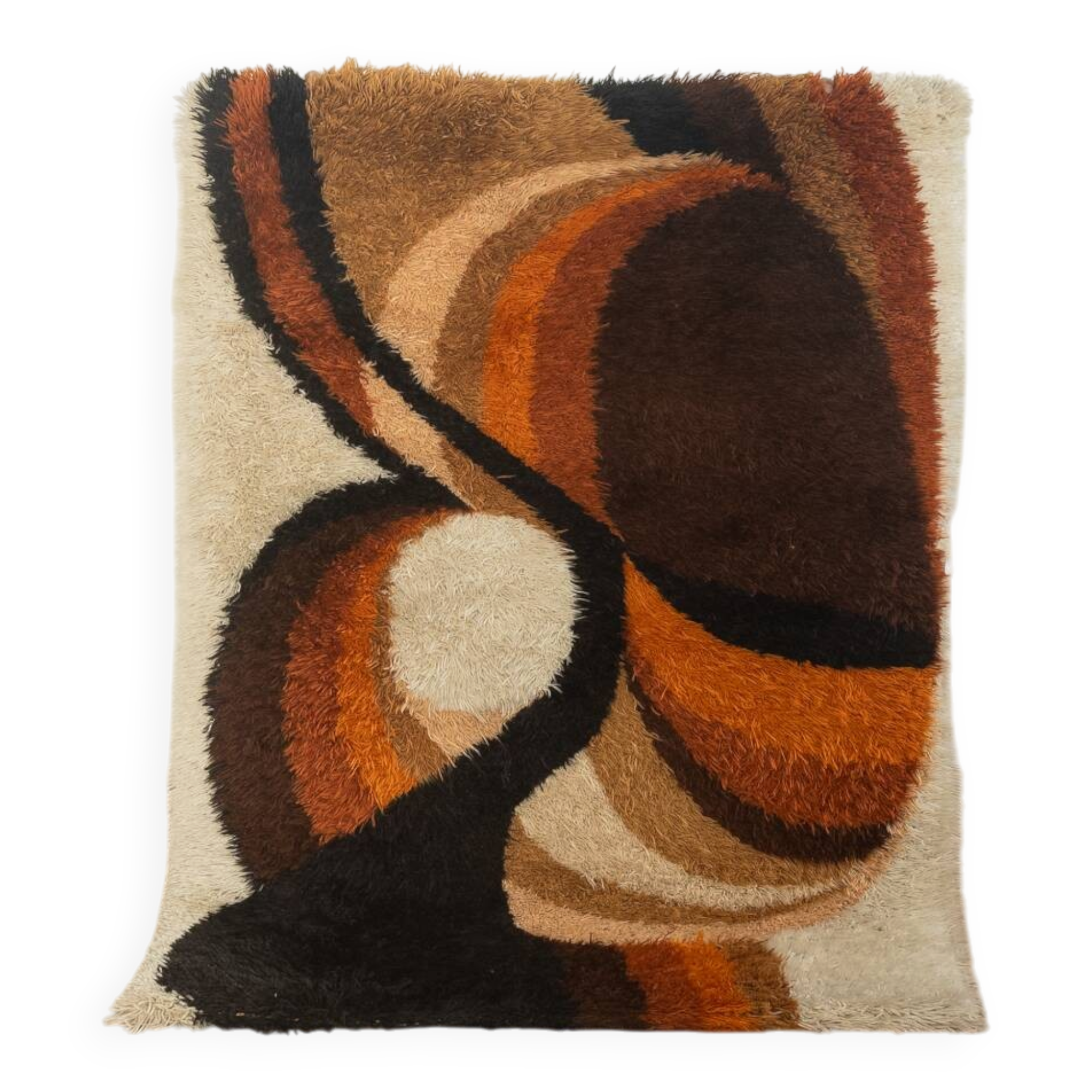 Space Age rug from the 1970s, high pile, beige with orange and brown pattern